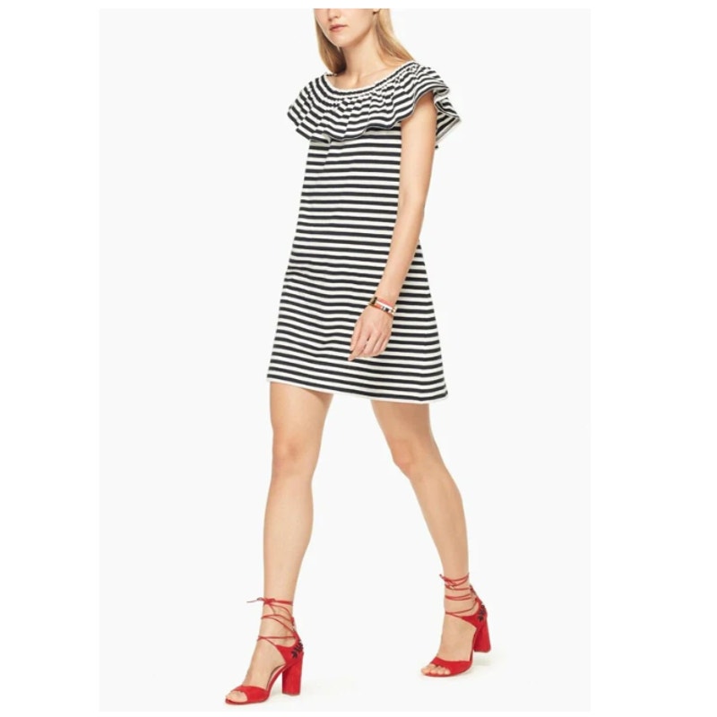 Kate Spade Off Shoulder Mini Dress Black Stripe Cotton A-Line Shift Large